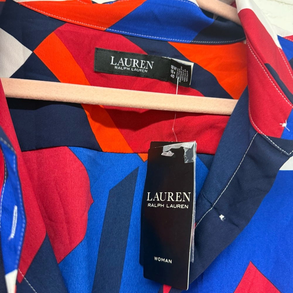 NWT Lauren Ralph Lauren Print Crepe Color Black Midi Shirt Dress Size 18W - Picture 5 of 7